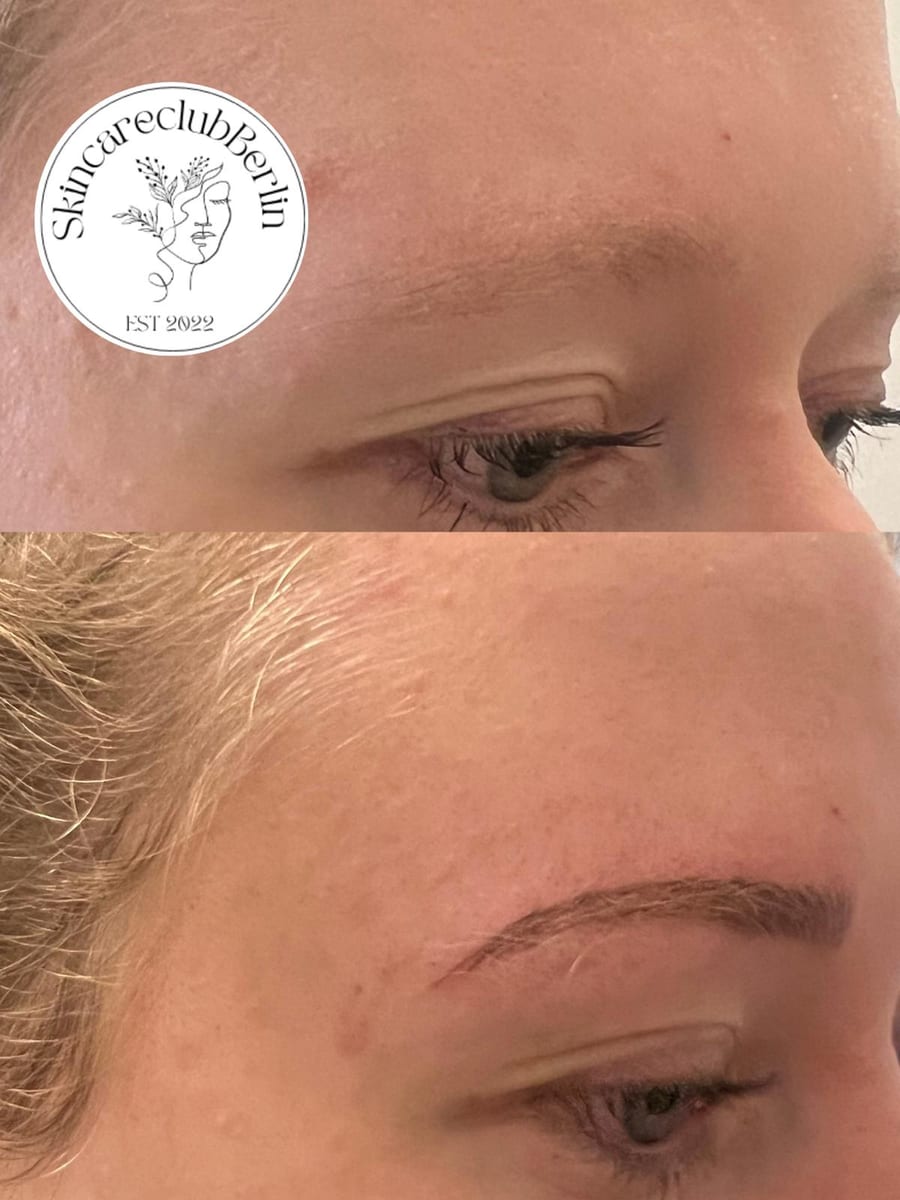 Vorher-Nachher-Vergleich einer Microblading-Behandlung — helle, feine Augenbrauen vor und nach der Behandlung