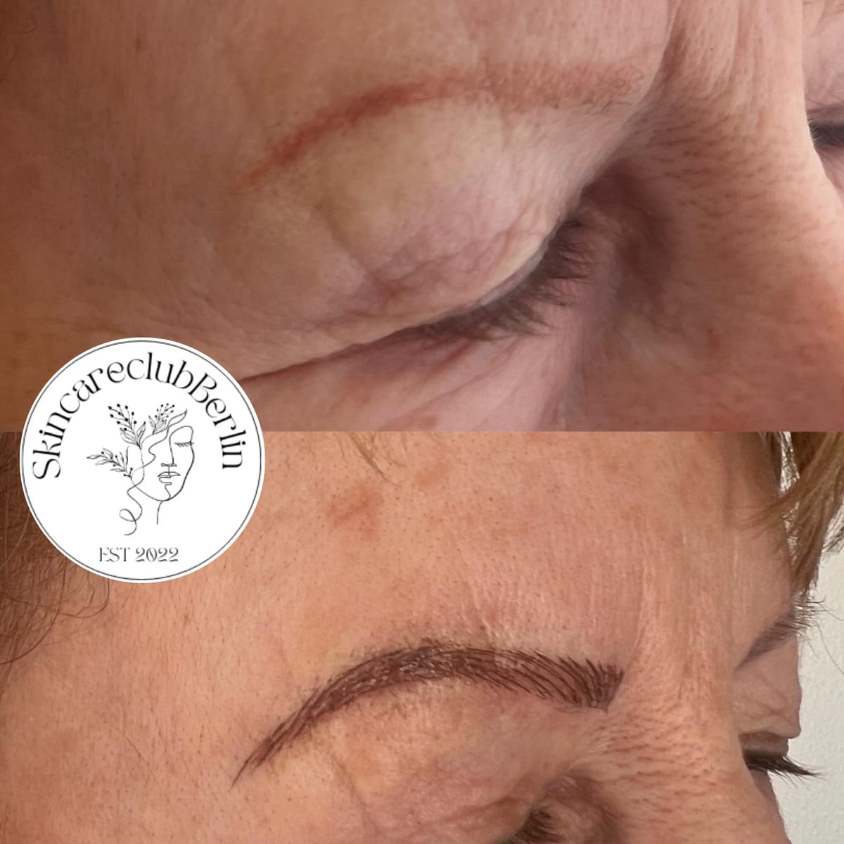 Vorher-Nachher-Vergleich einer Microblading-Behandlung — Augenbraue nach dem Fadenlifting bzw. Neuaufbau
