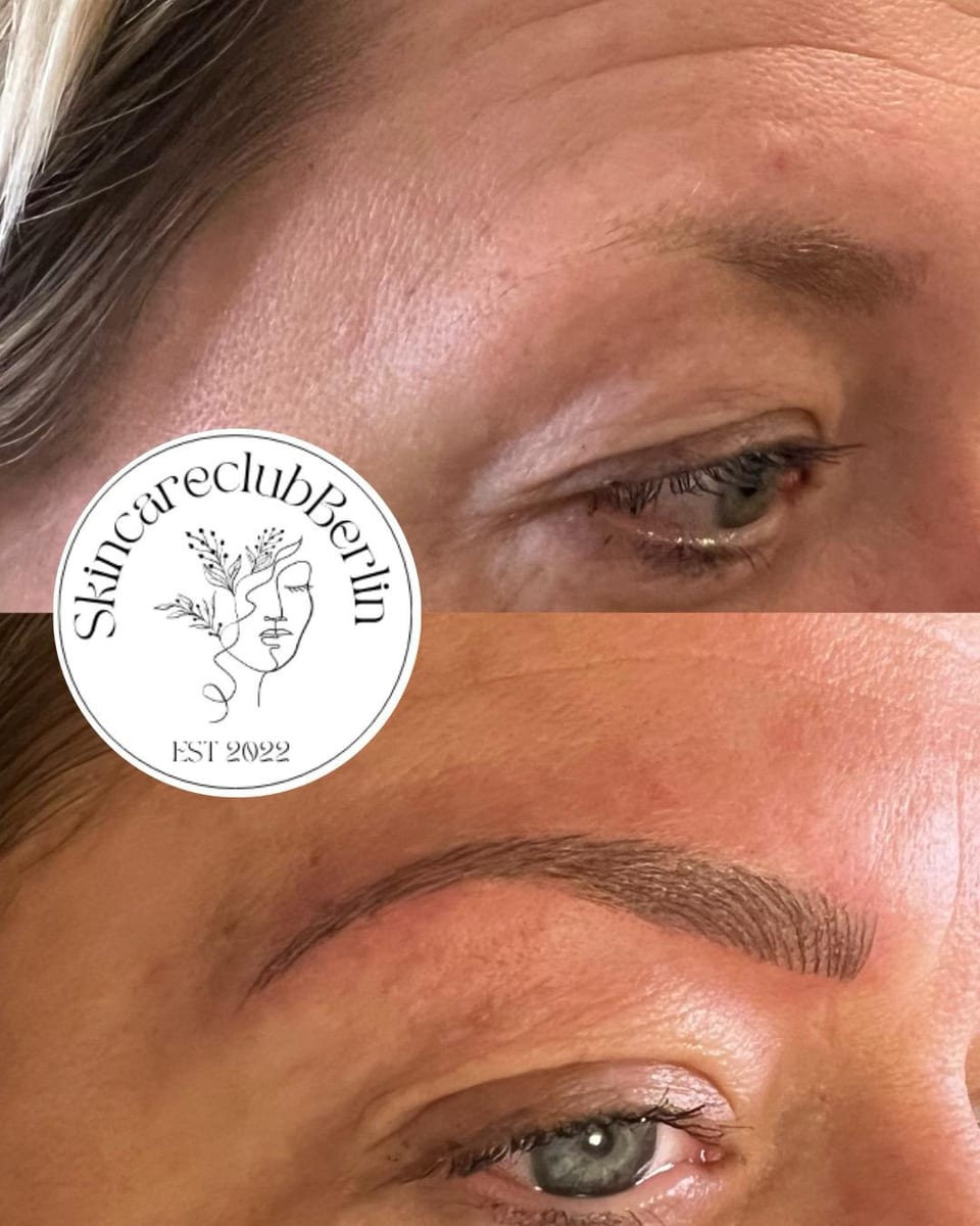 Vorher-Nachher-Nahaufnahme einer Microblading-Behandlung mit feiner Härchenzeichnung